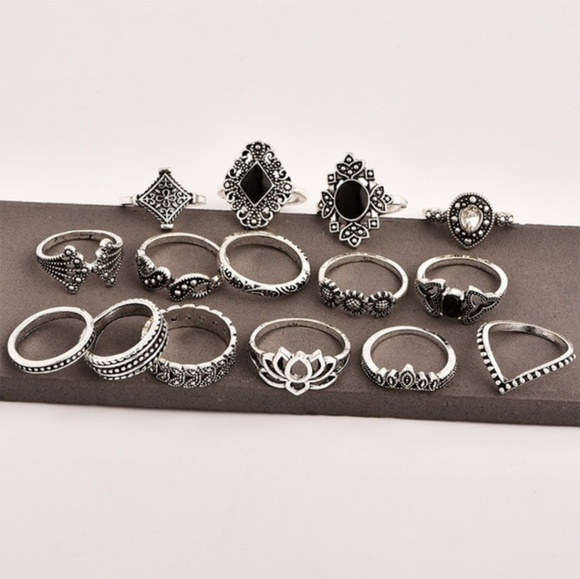 15 piece silver boho ring set - Picture 2 of 3